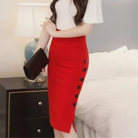 5xl 2019 fashion women work midi skirt ol sexy open slit button slim pencil skirt elegant office ladies skirts red