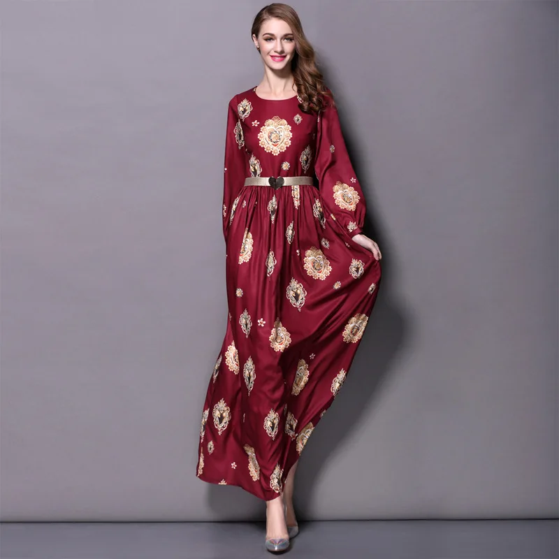 women's dress 2016Spring Summer dress for lady New Fashion Design Maxi Dress Women's Long Sleeve Printed Party Long Dress sashes