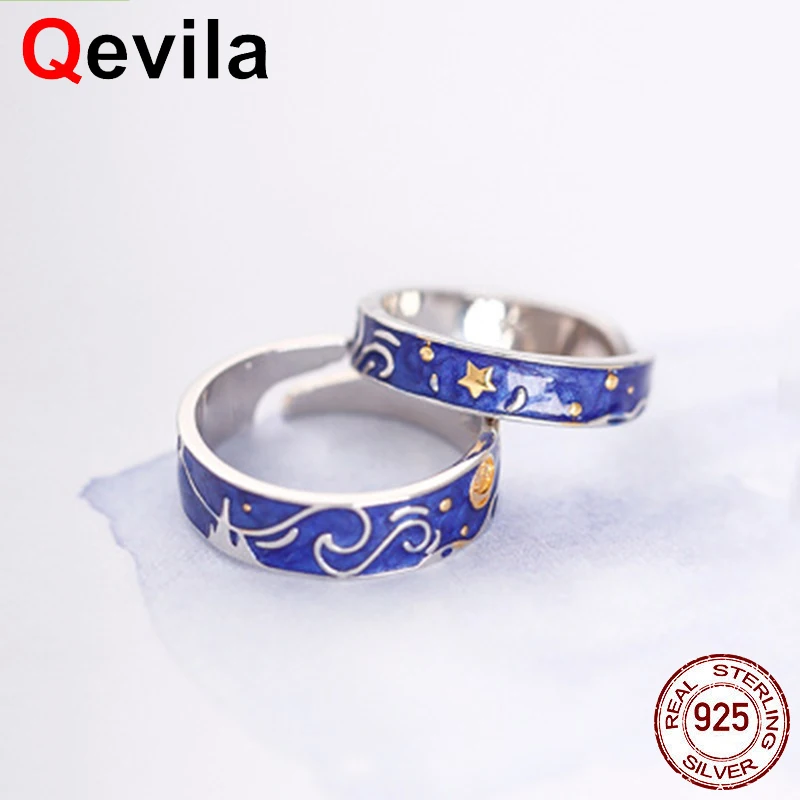 Qevila, ювелирные кольца, Настоящее серебро 925 пробы, Ван Гог, эмалированное кольцо для женщин, любовник, небо, золото, луна, звезда, холст, палец, Анель