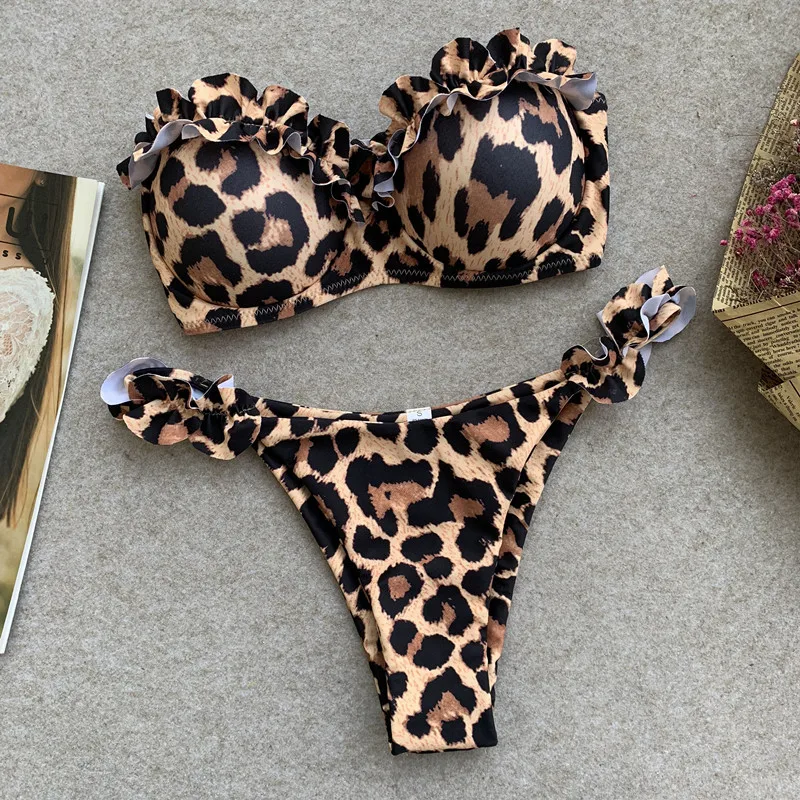 

Ruffle Bikini Set 2019 Summer Padded Underwire Flower Push Up Swimsuit For Women Sexy Solid Bandeau Female Bathing Suit Biquini