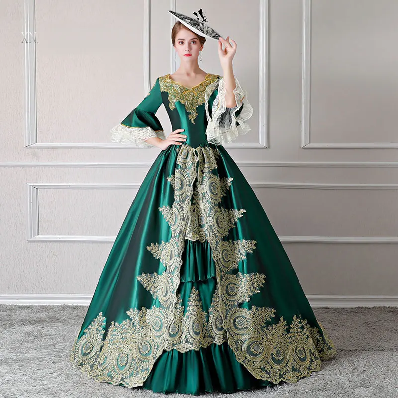 

Customized 2018 Winter European court Stage Performance Party Green Dresses Gold Appliques Marie Antoinette Evening Ball Gowns