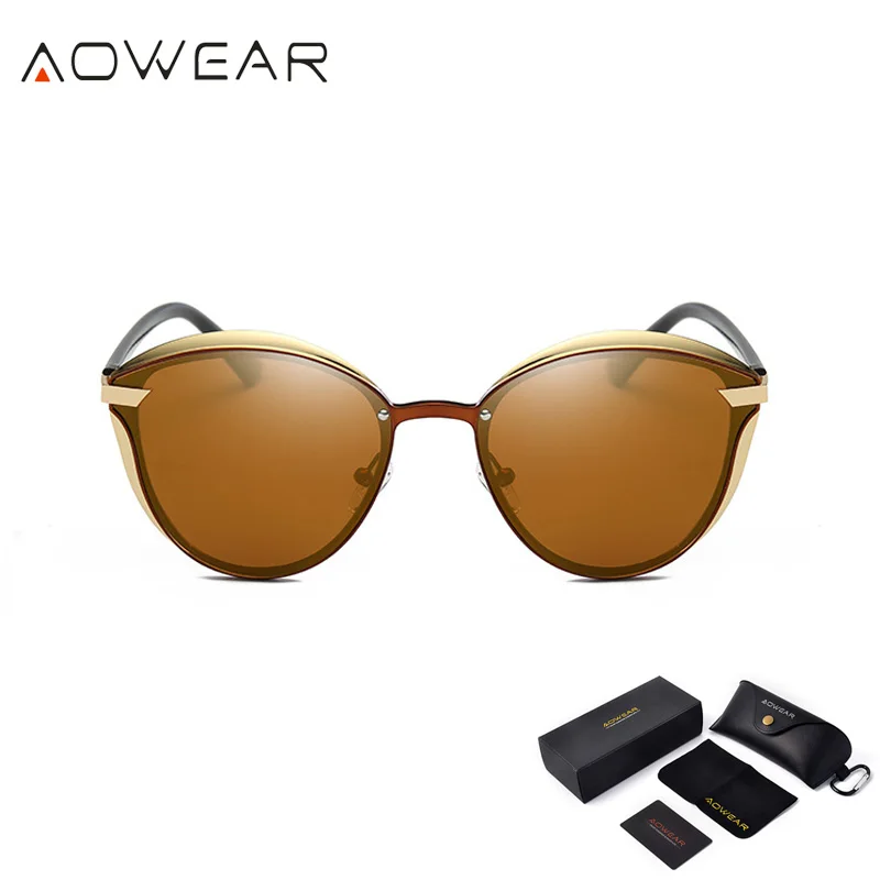 Gold Brown AOWEAR, модные, кошачий глаз, солнцезащитные очки, женские, поляризационные, Роскошные, качественные, зеркальные, кошачий глаз, солнцезащитные очки, для девушек, UV400, защита для глаз, оттенки - Цвет линз: Gold Brown