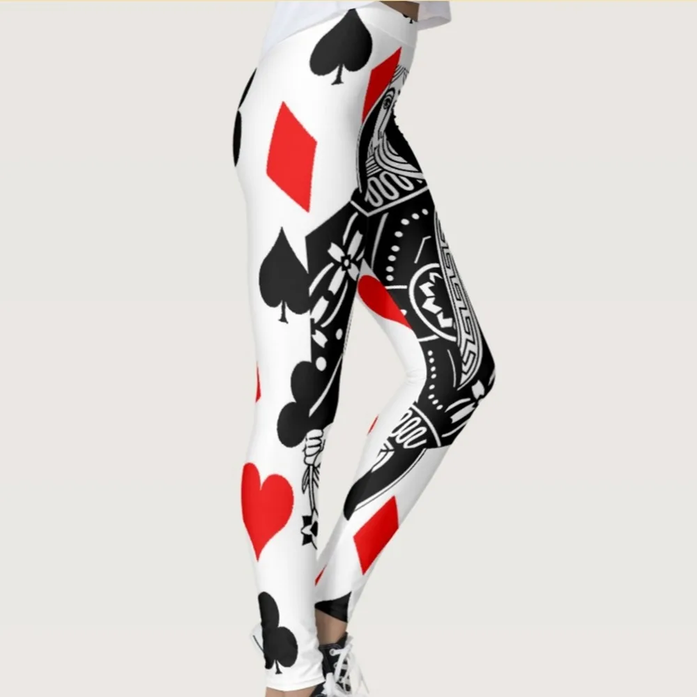 Quickitout New Arrival Black&White Poker with Sexy Red Heart in Women's Leggings Poker Diamond Print Slim Fitness Trousers S-4XL