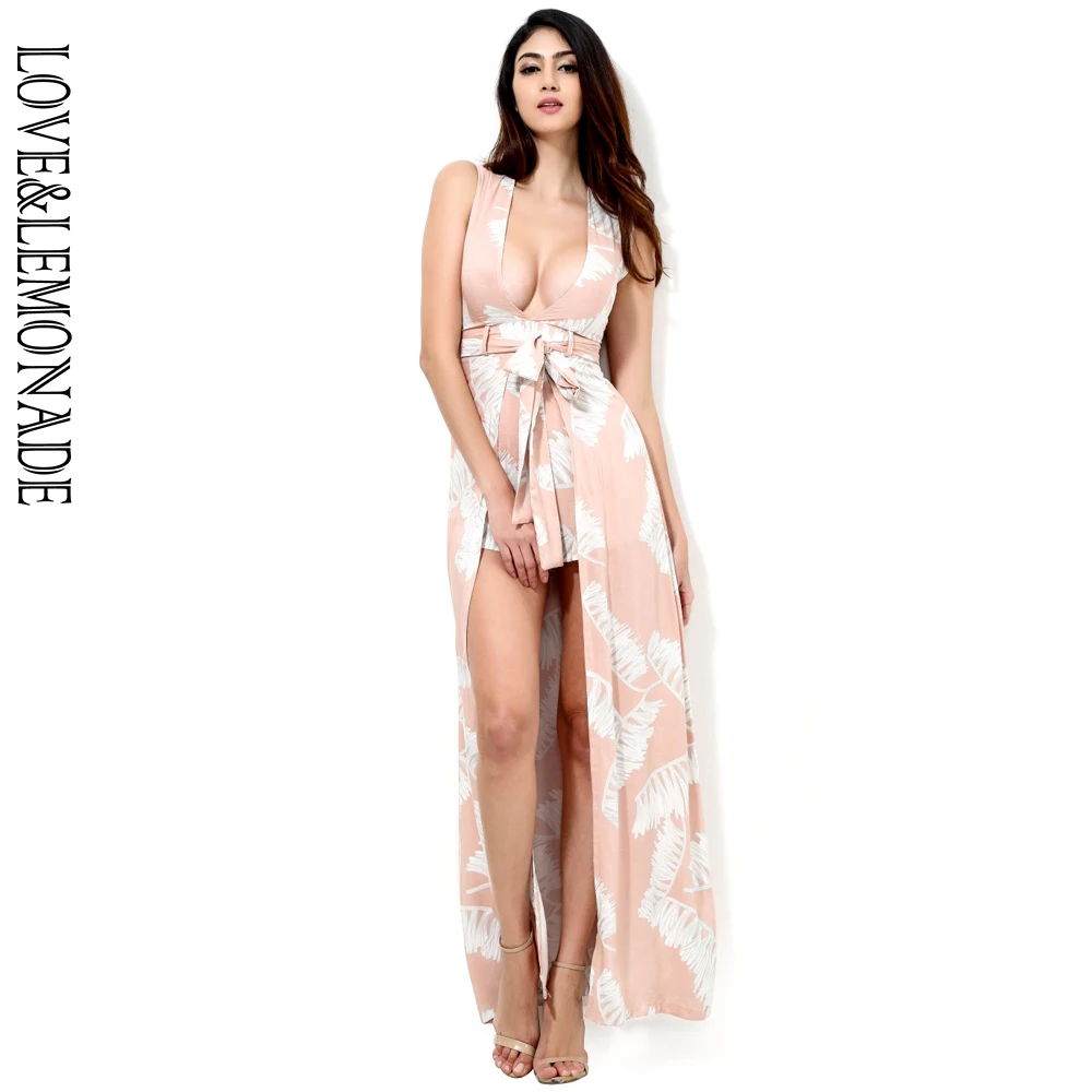 Розовые комбинезоны без рукавов с v образным вырезом и принтом Love & Lemonade TB 9030|sleeveless