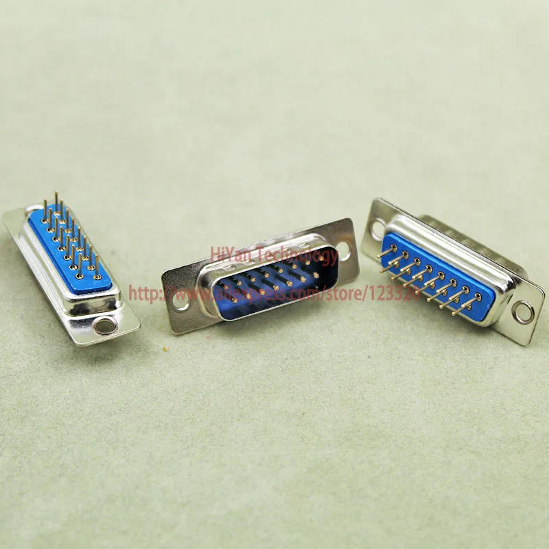 

(10pcs/lot) DB15 DP15 2Rows Blue Parallel Port 15Pin D Sub Male 15 Way PCB Type 180 Degree Connector Socket Plug VGA Adapter
