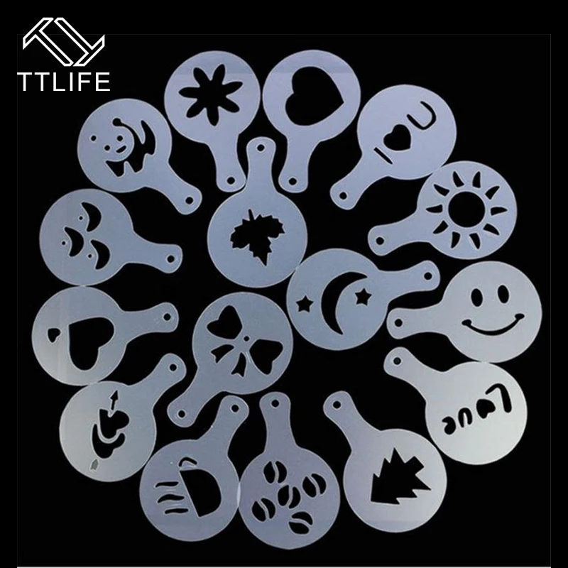 

TTLIFE 16pc Cake Duster Templates Coffee Stencils Latte Cappuccino Barista Pull Flower Art Stencils Drawing Molds Printing Model