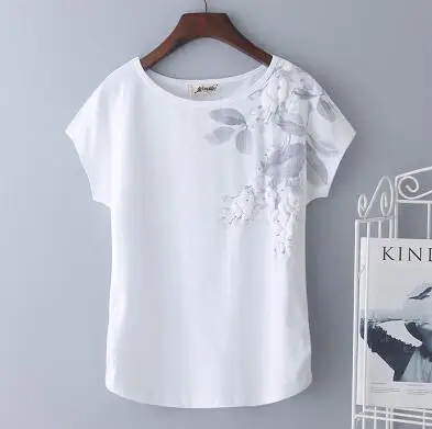 white Женские футболки из хлопка, новые летние футболки свободного силуэта с короткими рукавами с цветочным принтом, Элегантные повседневные топы для девушек, большие размеры, топы J240 - Цвет: white