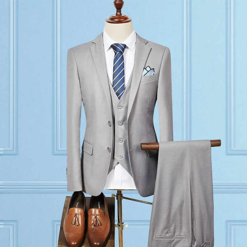 

Man British Style Solid Color Slim 3-piece (Blazers+ Pants +Vest) Groom Wedding Suit Set Casual For Male
