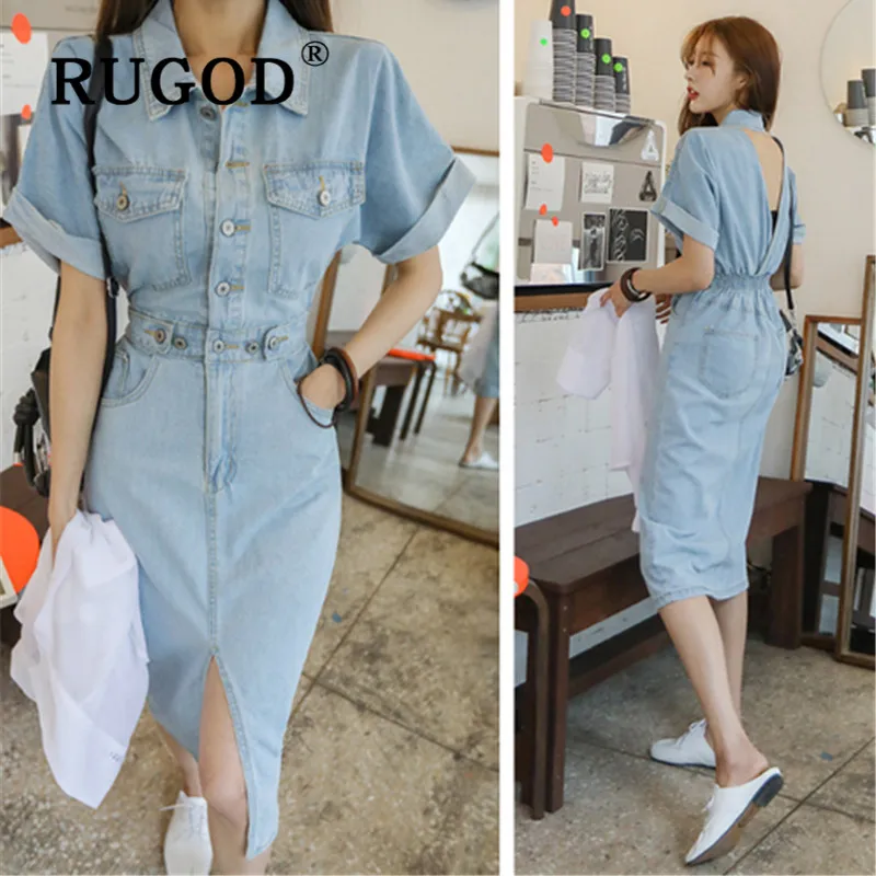 RUGOD/корейское шикарное летнее джинсовое платье с открытой спиной Модное