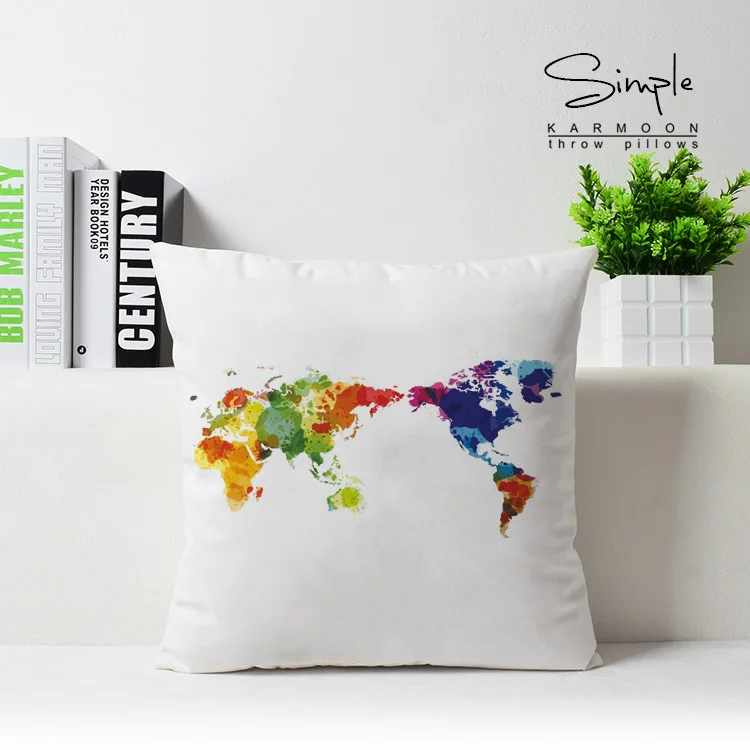 

World map pillow cover, watercolor Creative world map cartoon Short plush throw pillow case pillowcase wholesale
