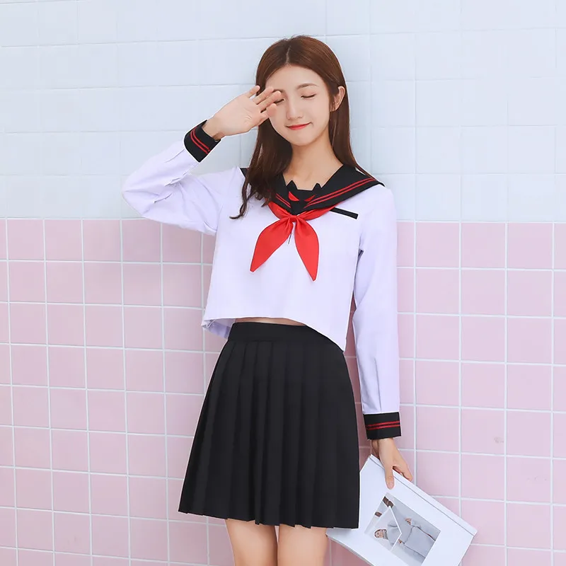 UPHYD Лидер продаж Kawaii школьная форма S-XXL матросские Костюмы топ+ юбка+ галстук для девочек-подростков японское аниме униформа - Цвет: Long Sleeve Set