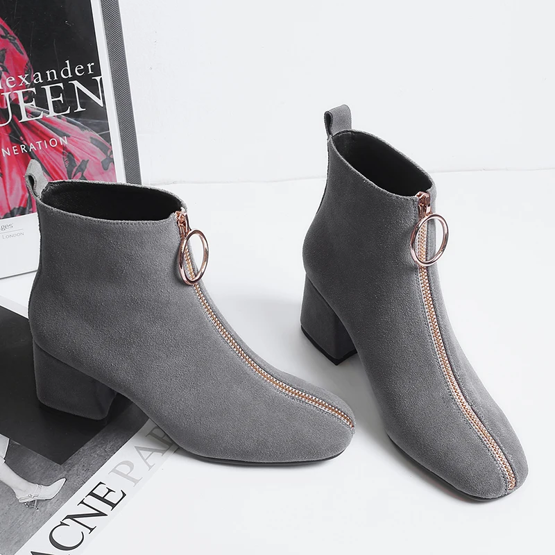 Women ankle Boots Cow suede 22-25.5 cm length autumn and winter Square toe front zipper ladies boots female+shoes women booties