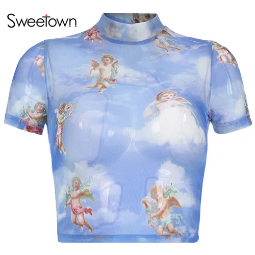 blue Sweetown, сексуальные прозрачные летние топы, короткий рукав, греческий мифологический принт, милый Графический Тройник для женщин, сетчатый милый короткий топ, футболка - Цвет: blue