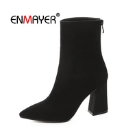 enmayer woman ankle boots winter causal pointed toe short boots zipper black size 33 40 kid suede thick high heels shoes cr1610