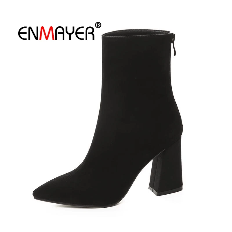 ENMAYER Woman Ankle boots Winter Causal Pointed toe Short Zipper Black Size 33 40 Kid Suede Thick High heels Shoes CR1610|Женские