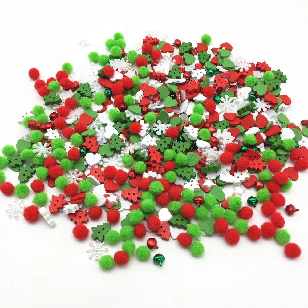 300pcs Christmas Bag of Pom Poms Wood Xmas Tree Buttons Jingle Bells Snowflake Star Pearls Scrapbook Embellishment DIY Crafts | Дом и сад