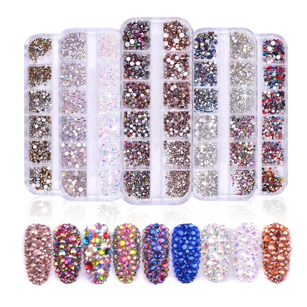 Anmas Rucci 12pot/set Flat Glass Diamond Size Rhinestones Set Crystal Glass Nail Rhinestones For DIY Nail art