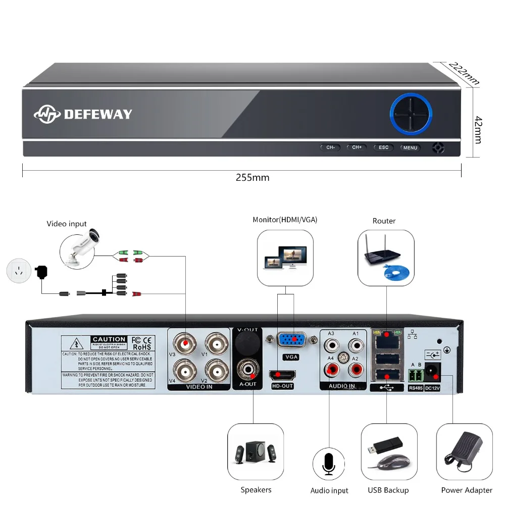 Система видеонаблюдения DEFEWAY 4CH 1080P DVR 4 шт. 2 МП инфракрасная камера