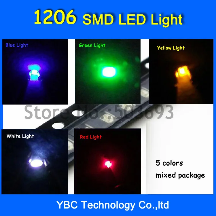 

5valuesx100шт = 500 шт 1206 СИД SMD ультра яркий красный/зеленый/синий/белый/желтый светодиод