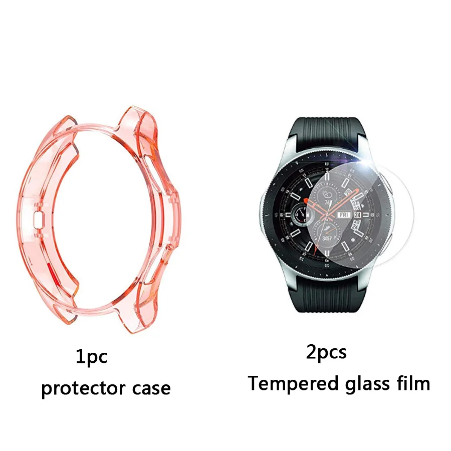 Red case 4в1 силиконовый ремешок для часов+ защитный чехол+ Закаленное стекло пленка для samsung galaxy Watch 42 46 мм ремешок для часов защитный чехол стеклянная пленка - Цвет: Red case