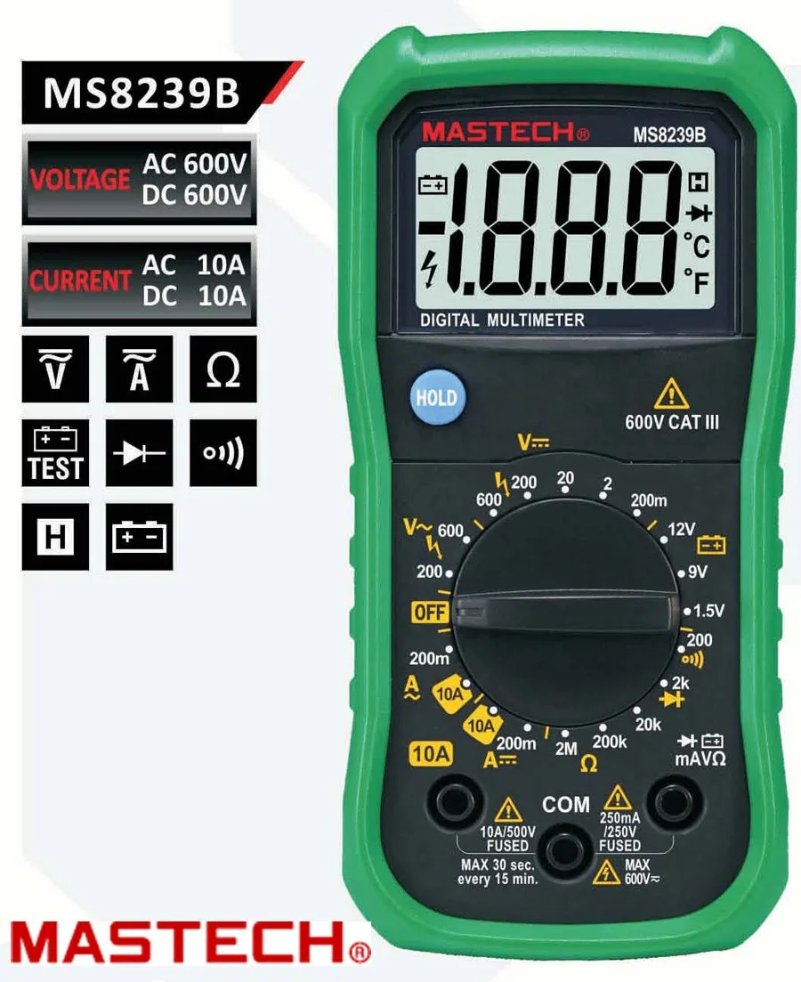 MASTECH MS8239B Цифровой мультиметр ЖК-дисплей Ручной портативный Вольтметр Амперметр Омметр w/тестер-Измеритель для аккумулятора