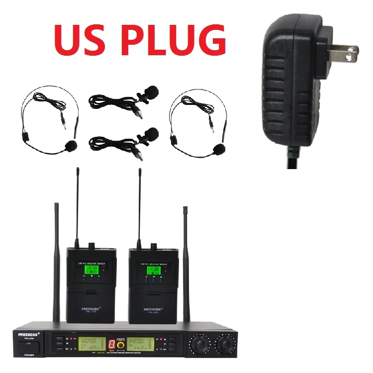 Freeboss FB-U08 2 Way 200 каналов PLL IR UHF беспроводной микрофон 2 ремешки передатчик с гарнитурой и петличный микрофон - Цвет: US PLUG
