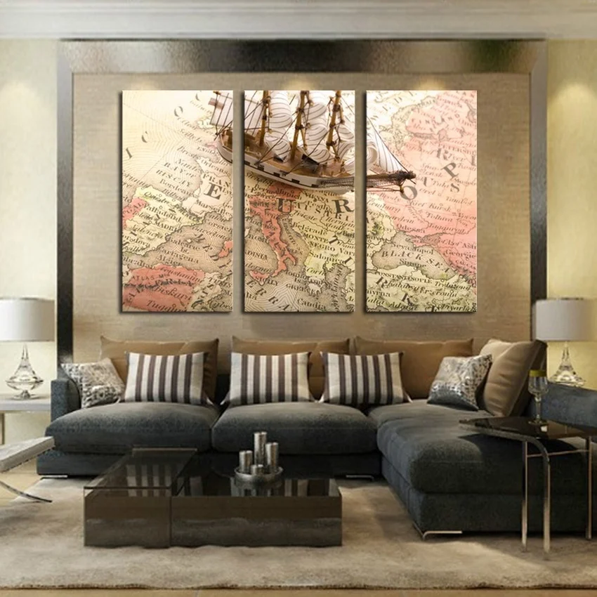 

3 Piece Abstract Map Ship Modern Home Wall Decor Canvas Picture Art HD Print Painting On Canvas Christmas Gifts