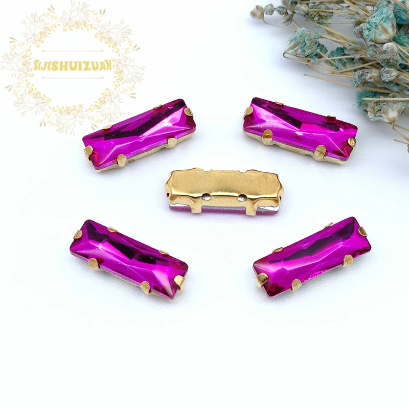 5X10 5X15 Rose Red Rectangle Glass Crystal Sew On Rhinestones Sewing With Gold Claw Diy Wedding Dress Accessories 20PCS