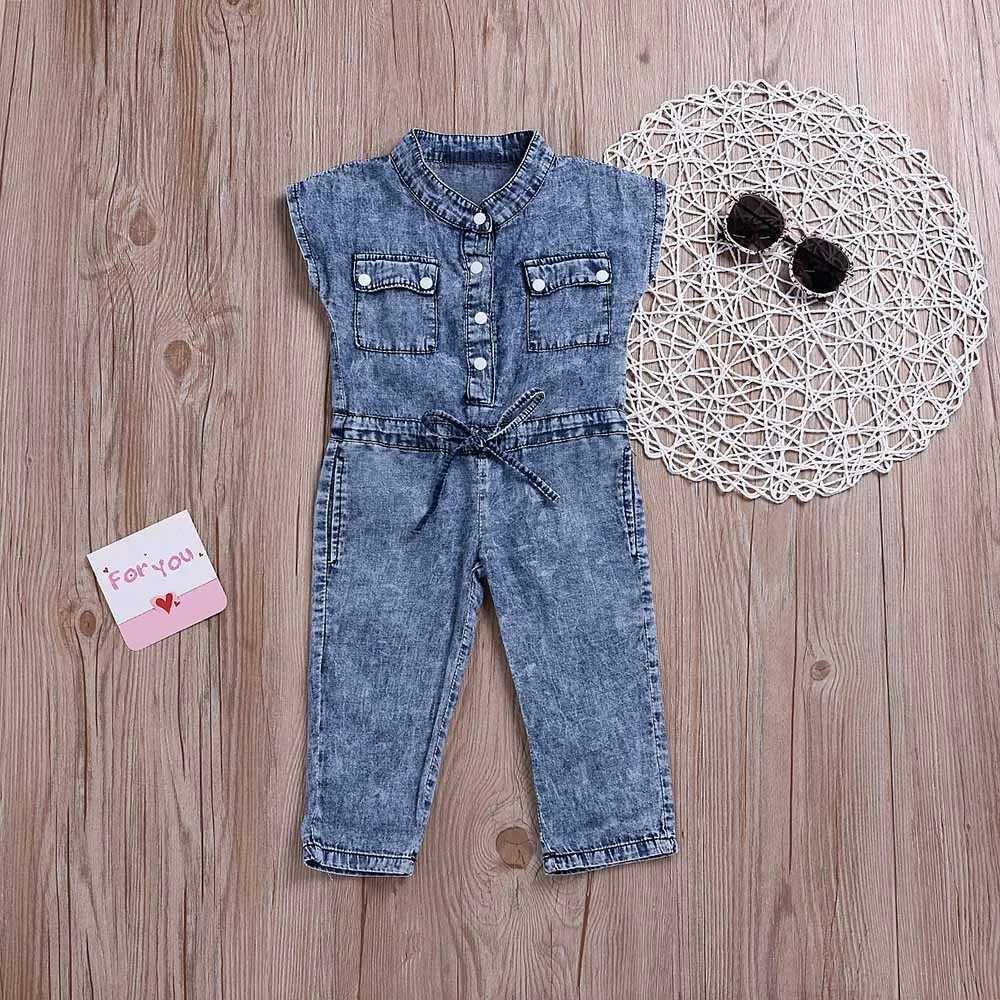 Детский джинсовый комбинезон с бантом для девочек боди повседневная одежда |