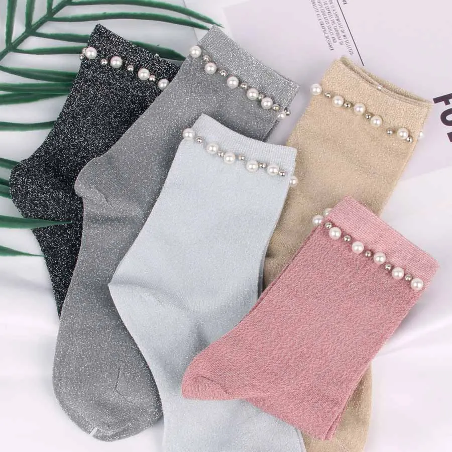 Носки женские винтажные блестящие ручной работы с жемчугом|calcetines mujer|female sockspearl