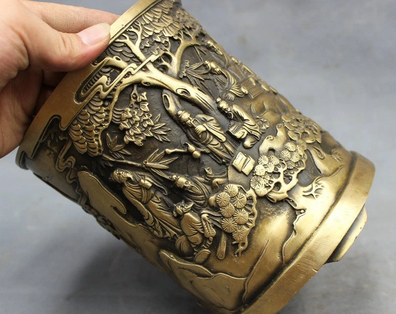 Chinese Bronze Pine Tree Old Man Play Chess Statue Brush Pot Barrel Pencil Vase 8.06 | Дом и сад