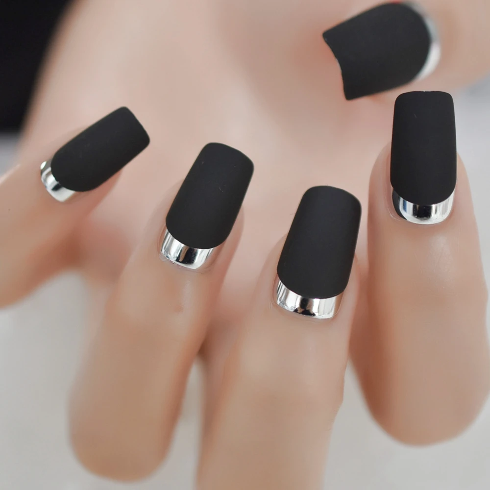 Матовые квадратные поддельные ногти средней длины французский Moo Nail Серебряный металлик ABS ногти 24 шт