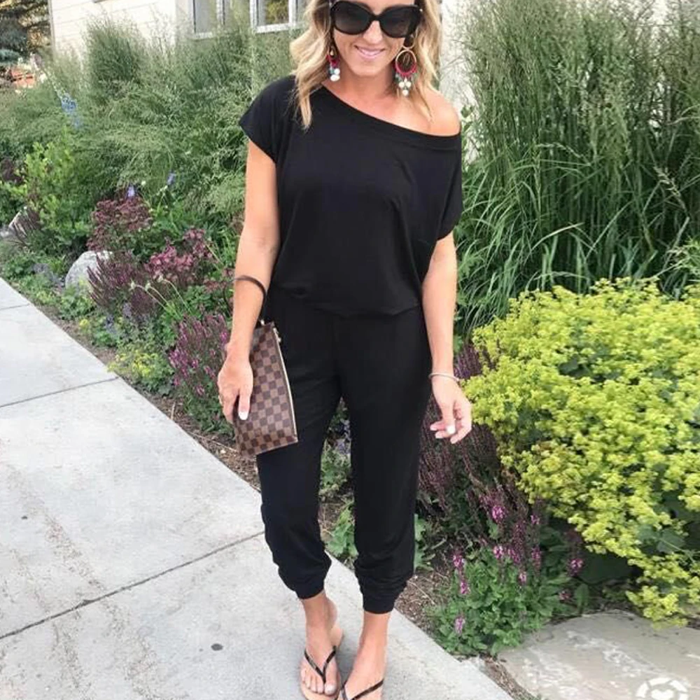 Сексуальный косой комбинезон с открытыми плечами весенне-летний однотонный