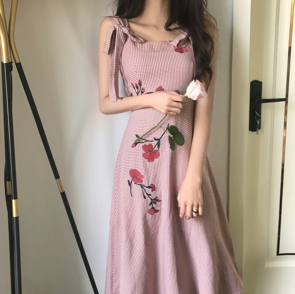 Lychee Girls Plaid Flower Embroidery Lace Up Sleeveless Summer Women Dress Long Causal A Line Female | Женская одежда