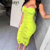 zhymihret 2021 summer neon green tube dress women ruched long bandage dress sexy strapless bodycon tie dye party vestidos