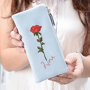 Light Blue Новая роза, вышивка Цветочная Женская Длинные кошельки из кожи и кошельки на молнии для кредитных карт тонкий женский кошелек лучшие подарки - Цвет: Light Blue