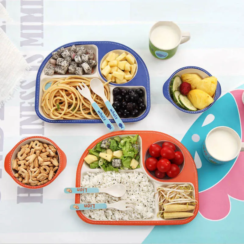 5 Pcs/Set Kid Bamboo Fiber Dinnerware Set Baby Plate Children Cartoon Separation Bowl Fork Spoon Cup Feeding Tableware | Дом и сад