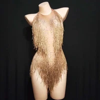 top quality gold tassel hollow out high elasticity beading bodysuit dj party bodycon bodysuit