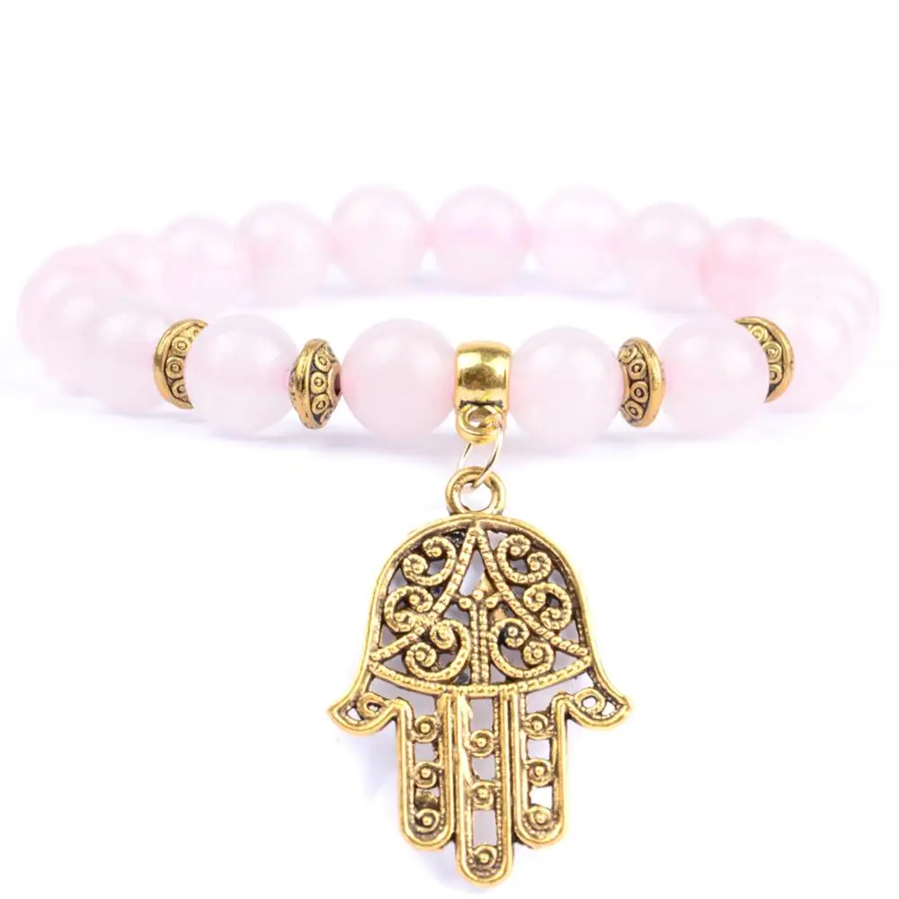 Rose Quartz Браслет из бисера с натуральным камнем в виде Розы, бохо, золотое покрытие, браслеты с подвесками для женщин и мужчин, Будда, Йога, ювелирные изделия - Окраска металла: Rose Quartz