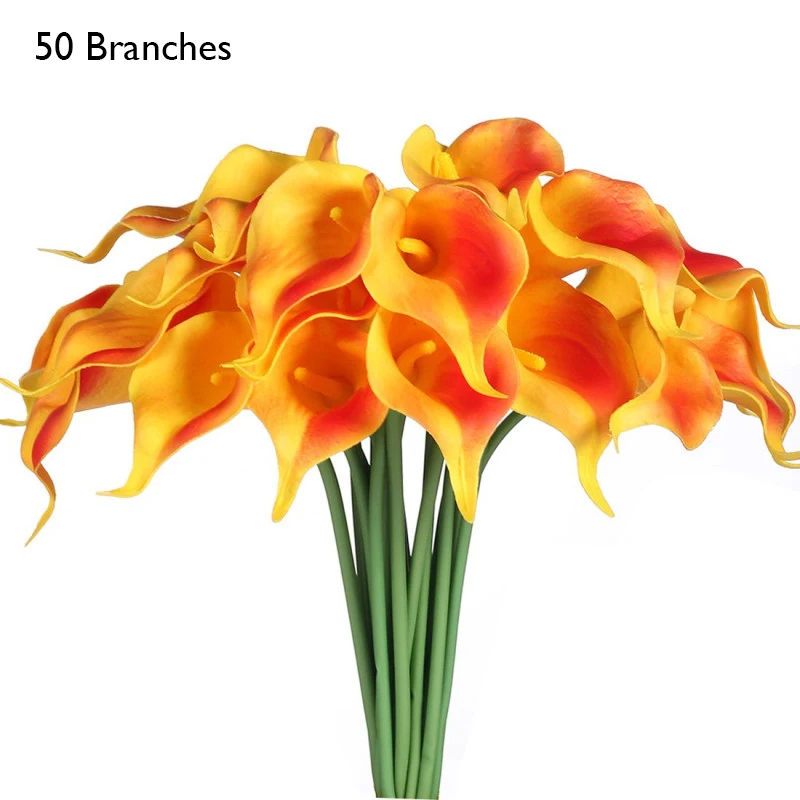 Orange yumai 50 шт. / Компл. Черные Калла Цветы Букеты Искусственные Украшения ПУ Лилии Цветы Пучки для Свадьбы Украшение Стола - Цвет: Orange