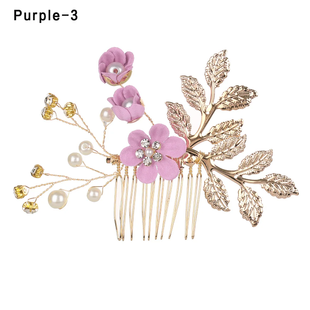 Purple Style 3 1 шт. роскошный синий розовый цветок гребни для волос головной убор выпускной корона для невесты аксессуары для волос золотые листья украшения для волос шпильки - Цвет: Purple Style 3