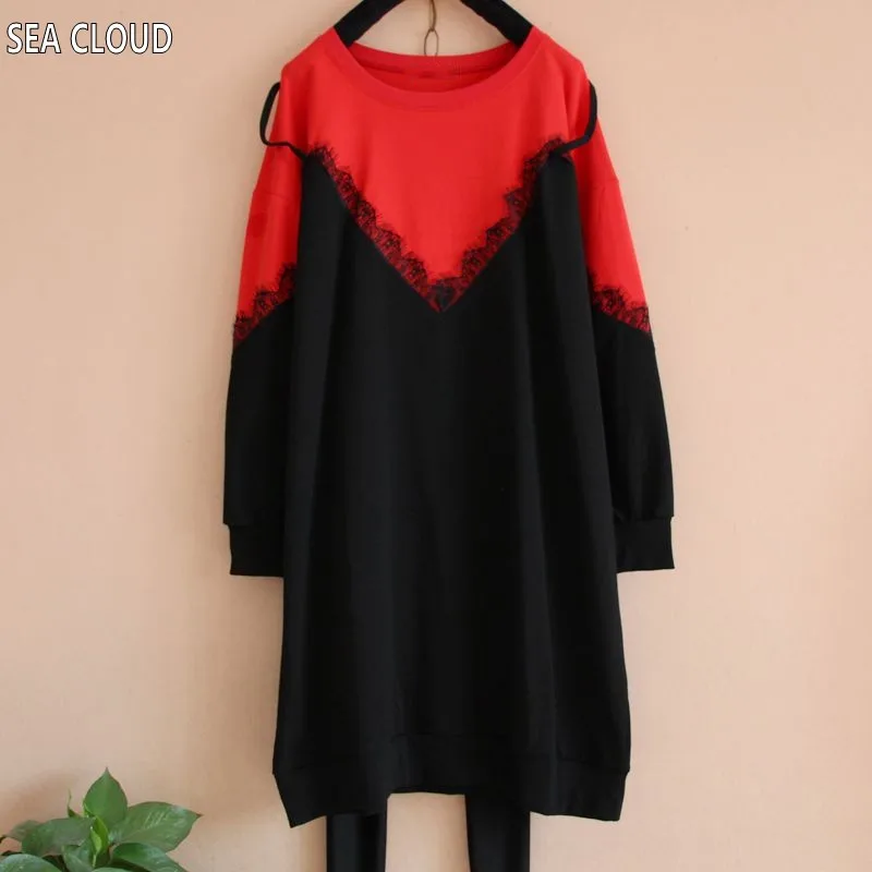 

82 female long-sleeve t-shirt loose plus size basic shirt lace patchwork color block decoration big t-shirt women