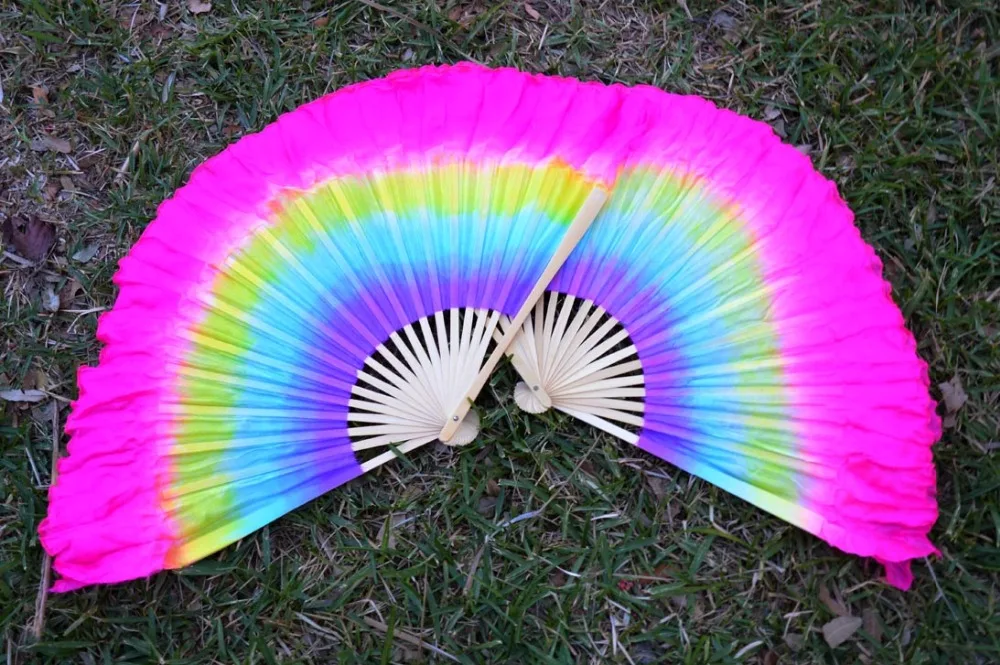 

2018 women of high quality silk Chinese belly dance dance fan cheap hot purple turquoise yellow rose gradient short silk fan