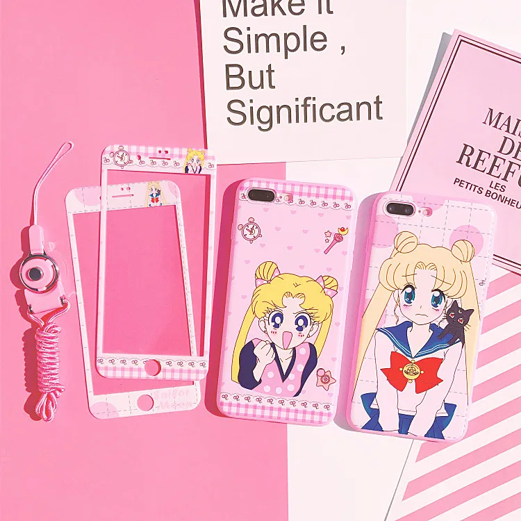 Sailor Moon phone Case +Tempered Glass Screen film For iphone 8 8plus Pink case for X 6 6S plus 7 7plus + |