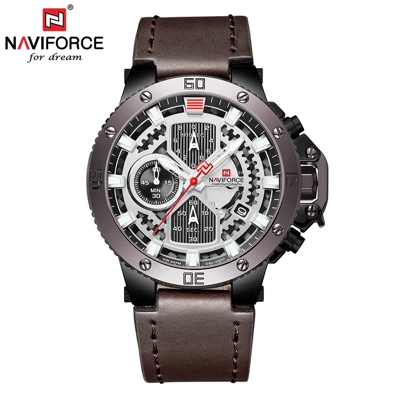 Мужские наручные часы NAVIFORCE роскошные коричневые кварцевые с хронографом Esportivo