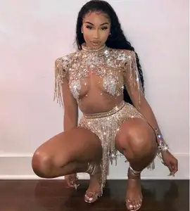 Новый дизайн, блестящие большие кристаллы, сетчатый сексуальный боди, блестящие стразы, цепочки, бахрома, наряд, одежда для вечеринки, прозрачный костюм