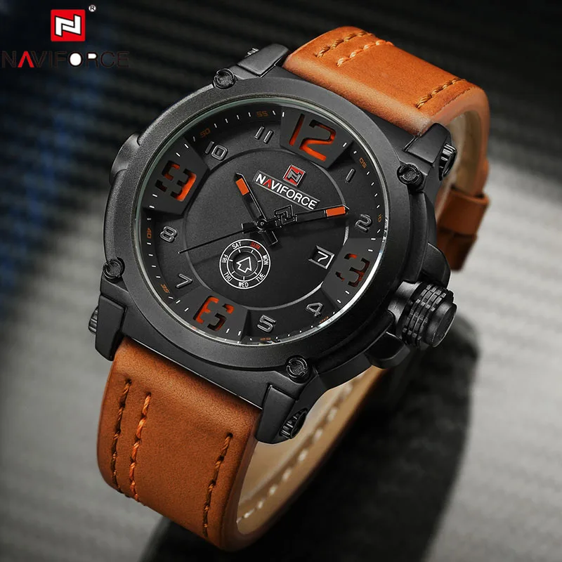 Orange Black Black Naviforce модные спортивные кожаные роскошные часы мужские водонепроницаемые мужские наручные часы со светящимся циферблатом мужские наручные часы Reloj Hombre - Цвет: Orange Black Black