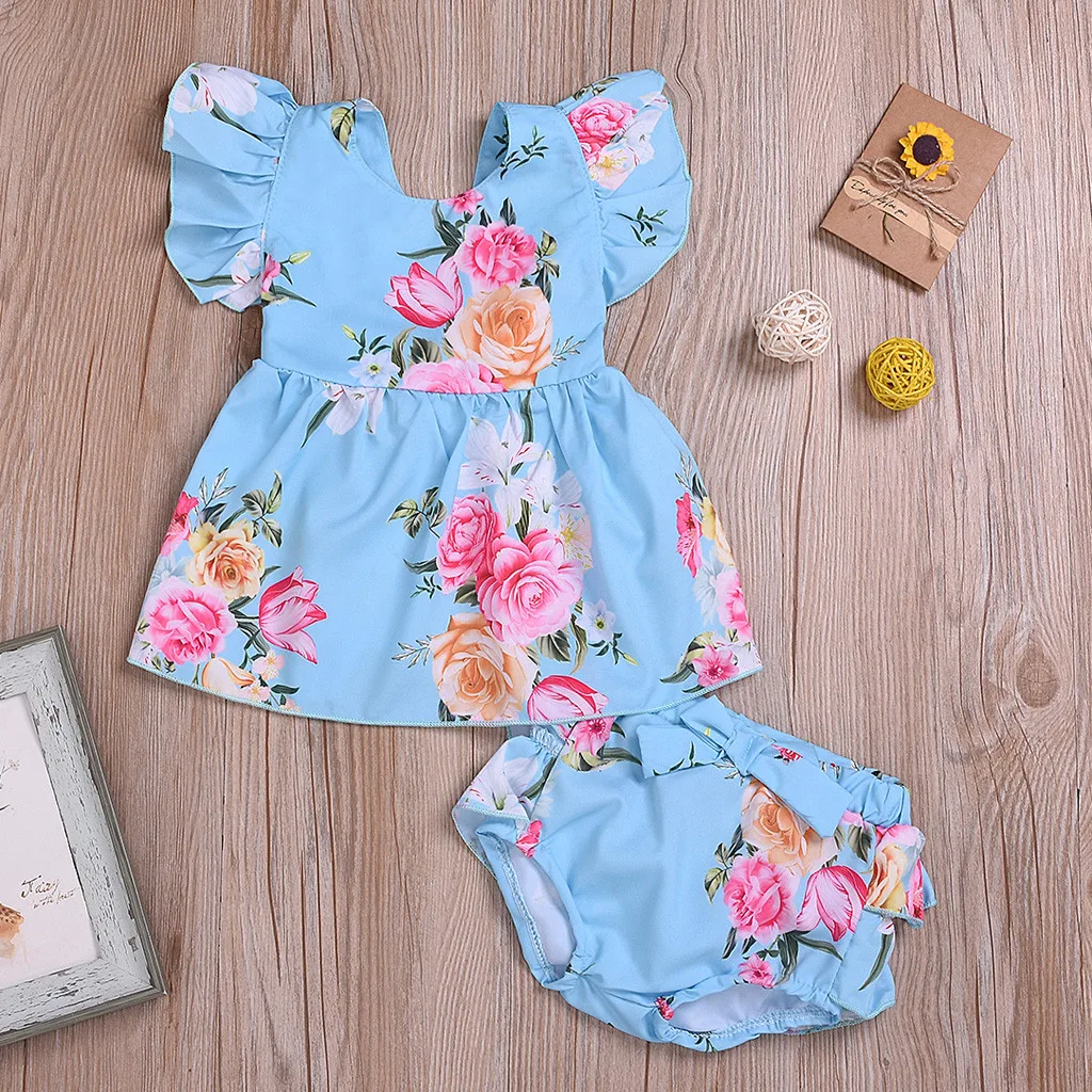 Летние комплекты для девочек 2019 топы и шорты с цветочным принтом оборками