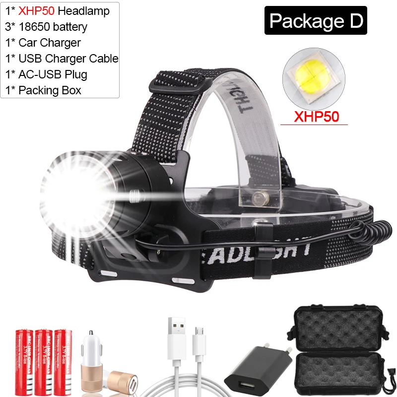 Package D 7500 люмен XHP-70.2 светодиодный налобный фонарь для рыбалки, кемпинга, фонарь высокой мощности, налобный фонарь, масштабируемый фонарик USB 18650 - Испускаемый цвет: Package D