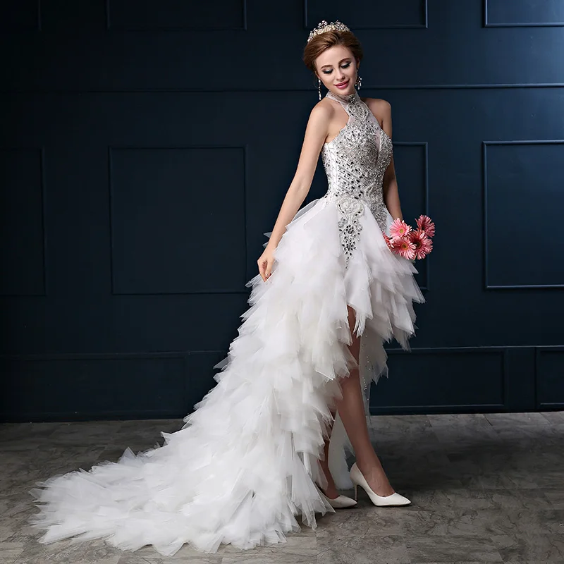 Vestido De Noiva Роскошные просвечивающий с высоким воротником Стразы Жемчуг Раффлед Свадебное Платье Иллюзия сзади высокая низкая Свадебные платья